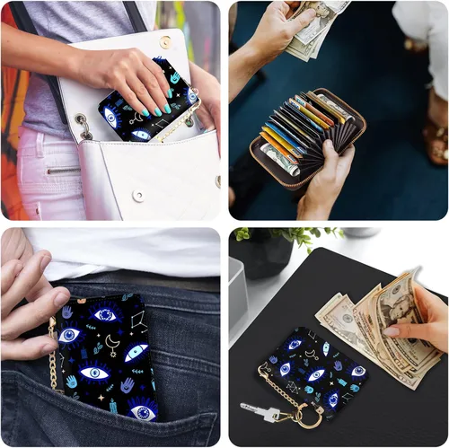 Vista 3 de Tarjetero RFID para tarjetas de crédito, cartera pequeña para mujer con llavero con cremallera, divertido estampado de cuero para tarjetas