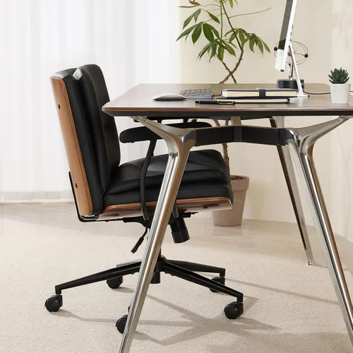 Vista 46 de Armless Modern Walnut Office Desk Chair with Wheels, PU Leather Adjustable Wide Swivel Executive Task Chair, Ergonomic Cross Legged Computer Chair