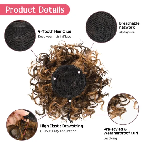 Vista 3 de HOOJIH Moño de pelo rizado, moño desordenado, pieza de pelo elástico con cordón grande, extensión completa, extensión corta de cola de caballo