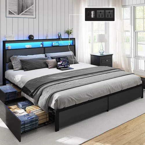 Vista 16 de SADENICEL Base de cama Queen con cabecera de almacenamiento y 2 cajones, marco de cama de plataforma de metal con luz LED, estación de carga,