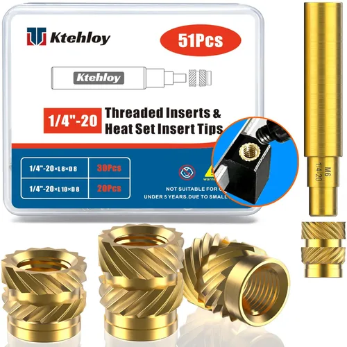 51 piezas de insertos roscados de 1/4"-20, kit surtido de tuercas moleteadas SAE de rosca hembra, inserto de calor de latón para impresión 3D piezas