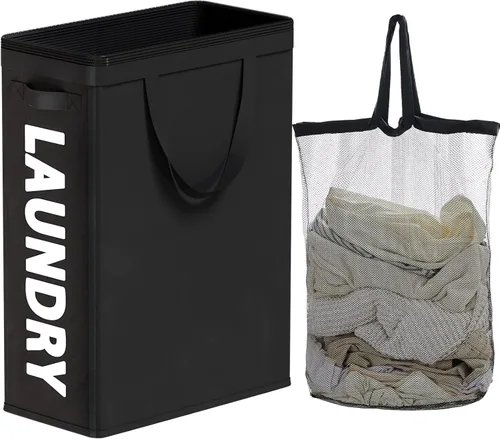 Vista 9 de TECHMILLY Cesta de lavandería delgada con asas largas ajustables, cestas pequeñas de lavandería de 45L con parte superior de malla, cesta de ropa