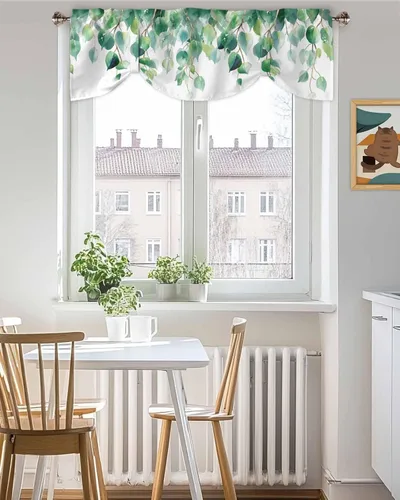 Vista 40 de Cenefas botánicas de acuarela para ventanas de cocina, cenefa de cortina de hojas verdes, cortinas cortas de rama de plantas con bolsillo