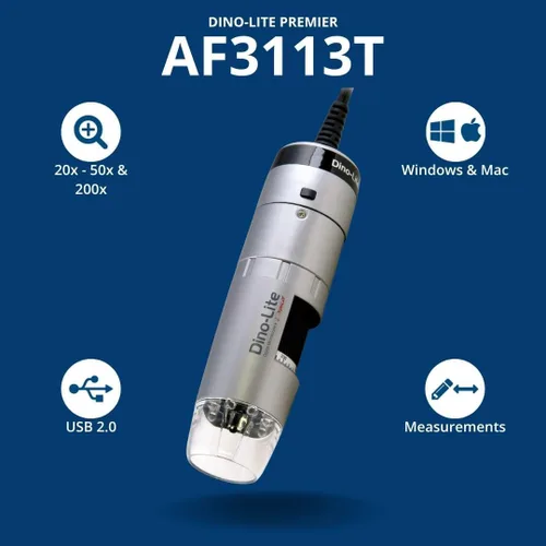 Vista 2 de Dino-Lite Microscopio digital USB AF3113T - 0.3MP, 20x -50x, ampliación óptica 200x, medición, compatible con WF-20, software Windows/Mac incluido