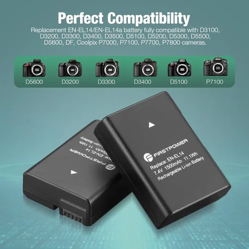 Vista 3 de FirstPower Paquete de 2 baterías EN-EL14/EN-EL14a y cargador USB dual para Nikon D3100 D3200 D3300 D3400 D3500 D5100 D5200 D5300 D5500 D5600 DF