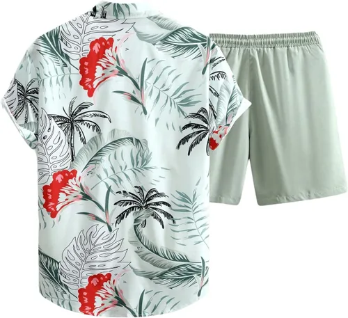 Vista 3 de SHENHE Conjunto de camisa y pantalones cortos de manga corta con botones de 2 piezas para hombre