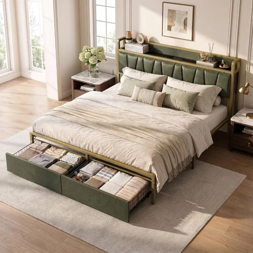Vista 5 de LIKIMIO Marco de cama tamaño King con 2 cajones y estación de carga Cama de plataforma con cabecera de almacenamiento tapizada, no necesita somier
