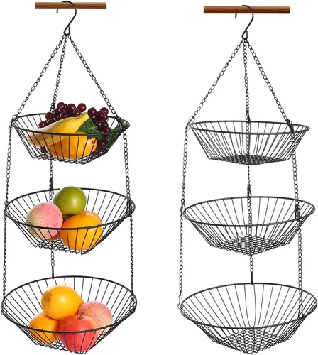JUNCHU CHERRY Cesta colgante de frutas de 3 niveles, 2 paquetes, almacenamiento para colgar en la pared, cesta de organización de cocina y baño,