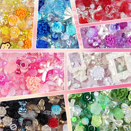Vista 8 de 350 piezas de resina 3D ABS coloridos lazos de flores de rosas con parte trasera plana, cuentas de perlas semicirculares para pulseras, aretes