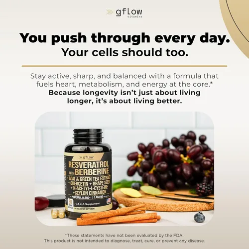 Vista 5 de gflow vitamins Suplemento de Resveratrol con Berberina, Extracto de Té Verde, Canela de Ceilán, Semilla de Uva y Quercetina 1000mg de Quercetina, N