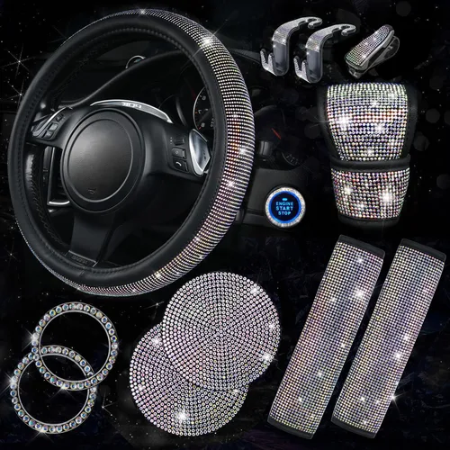 Vista 15 de CAR PASS Juego de fundas de asiento de coche con diamantes brillantes de 11 piezas, accesorios de coche con diamantes brillantes para mujer, funda