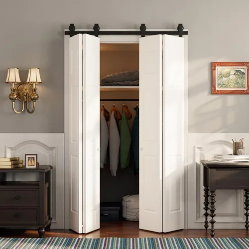 Vista 10 de Kit de herrajes para puerta corrediza de granero de 30 pulgadas para puertas de armario, suave y silenciosamente, ruedas giratorias de montaje