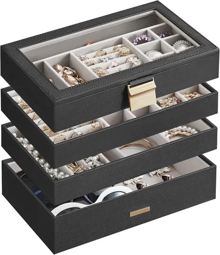 SONGMICS Bandeja de joyería de 4 niveles, caja de joyería apilable, organizador de joyas con cajón, con tapa de vidrio, divisores extraíbles, para