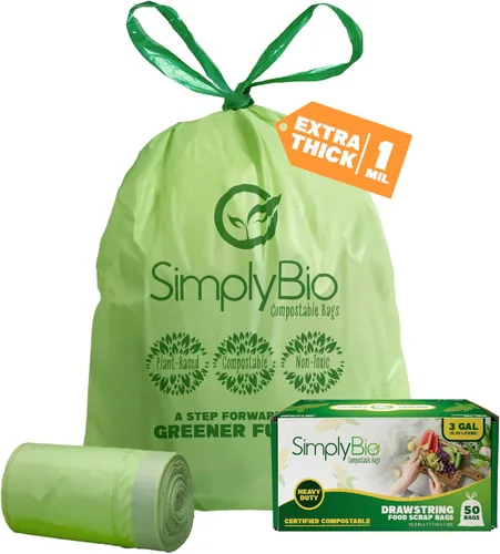 Vista 9 de Simply Bio Bolsas de basura compostables de 13 galones con cordón de cierre, extra gruesas de 1 mil, 49.21 litros, 30 bolsas, bolsa alta de cocina