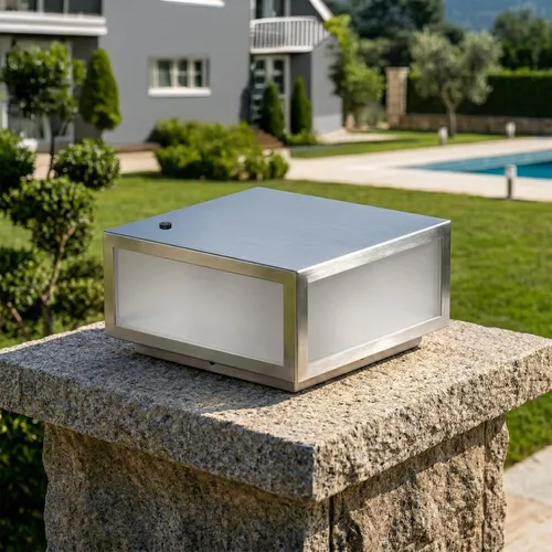Vista 5 de Luz de poste de acero inoxidable cepillado 304 de 10 x 10 pulgadas, sensor de luz con certificación UL, luz de pilar grande para villas de lujo