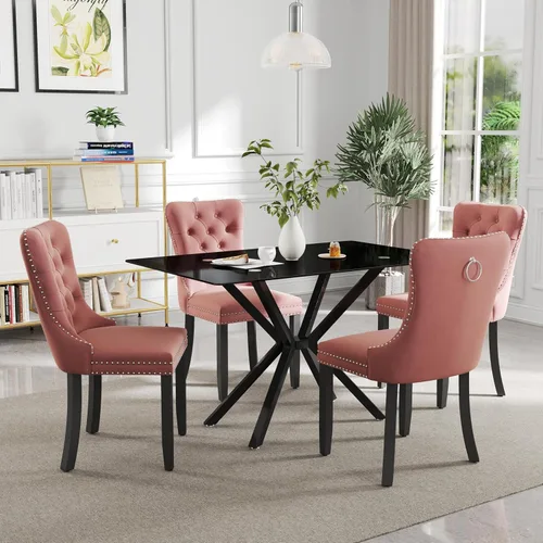 Vista 10 de Juego de comedor moderno de cristal de lujo de 5 piezas, juego de comedor rectangular minimalista para 4, juego de mesa de cocina de vidrio