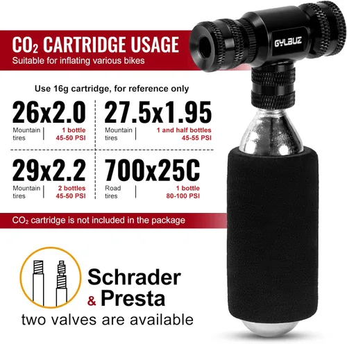 Vista 4 de Inflador de neumáticos de bicicleta de CO2: Bomba de bicicleta portátil de Co2 compatible con válvulas Presta y Schrader con funda aislada