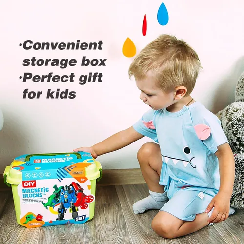 Vista 4 de SOMMER 5-in-1 Magnetic Vehicles Toy Playset, Mix and Match STEM Stacking Assembling Car Kit with Storage Box, Transform into Robot, Birthday Gift