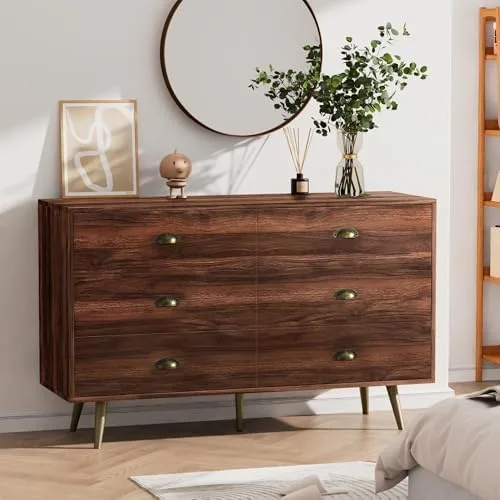 Vista 3 de JOZZBY Cómoda de 6 cajones para dormitorio, cómoda de madera de nogal con asas doradas, cómoda moderna de mediados de siglo para dormitorio