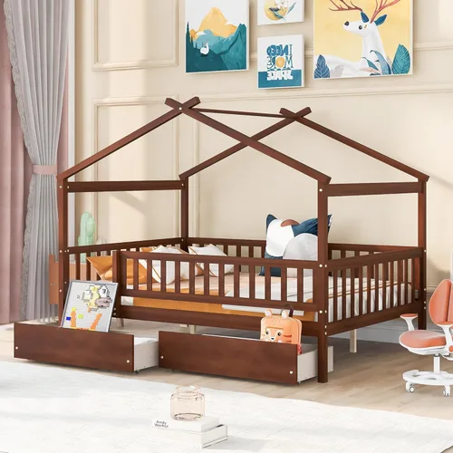 Vista 15 de Merax Cama de tamaño individual de madera estilo casa con valla, marco de cama de madera con techo y barandilla de seguridad para niños, Blanco
