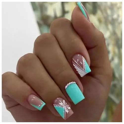 Vista 11 de Uñas postizas cuadradas medianas con pegamento, diamantes de imitación y flores, punta francesa, color blanco, uñas postizas acrílicas artificiales