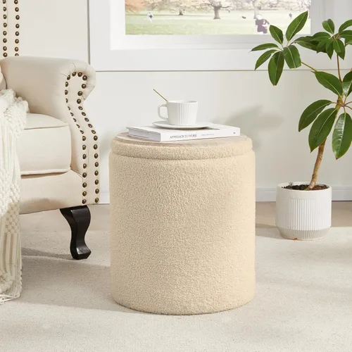 Vista 3 de Boucle - Juego de 2 otomanas redondas con almacenamiento, taburete pequeño para sala de estar, mesa de centro pequeña, taburete de tocador