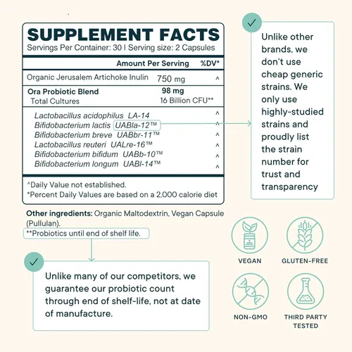 Vista 6 de Ora Organic Probióticos con prebióticos - Prebióticos veganos y probióticos para la salud digestiva Sin lácteos, sin gluten, para estómagos