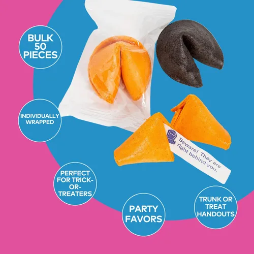 Vista 2 de Fun Express Galletas de la fortuna de Halloween a granel, paquete de 50 – Galletas naranjas y negras envueltas individualmente con fortunas