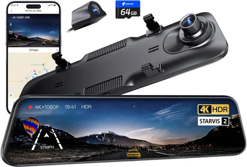 Pelsee S12 Pro Mirror Dash Cam con sensor STARVIS 2, cámara de espejo retrovisor 5.8GHz WiFi, cámara frontal 4K y cámara trasera de respaldo 1080P