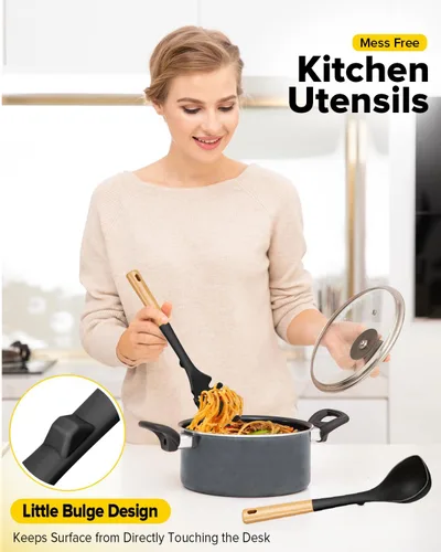 Vista 4 de Juego de cucharón de sopa de silicona y cuchara de espagueti con mango de madera, utensilios de cocina antiadherentes resistentes al calor para Negro