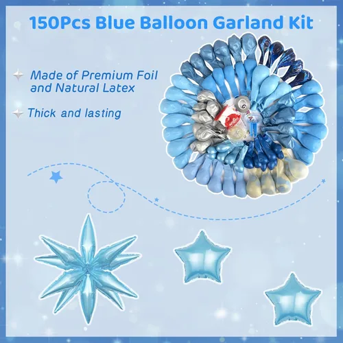 Vista 3 de Kit de guirnalda de arco de globos azules de 150 piezas, decoraciones de baby shower, globos pastel claro azul bebé, globo de confeti de estrella