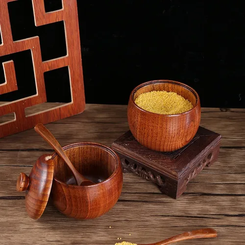 Vista 4 de Juego de 2 tarros de condimentos japoneses, contenedor de condimentos con cuchara de madera y tapa para cocina, cafetería, bar, hogar