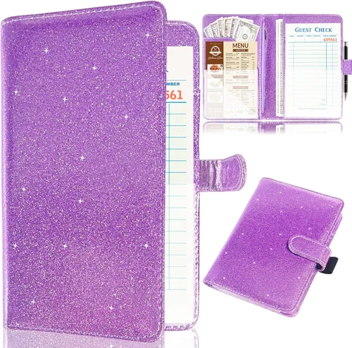 Vista 9 de Libro de servidor para camarera, organizador de libro de camarero de cuero con bolsillo con cremallera, cartera de dinero con brillantina