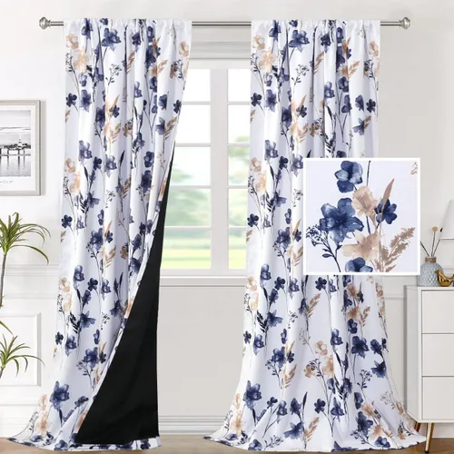 Vista 28 de H.VERSAILTEX Cenefas de cortina 100% opacas para ventanas de cocina, juego de 2 paneles de Cattleya con estampado floral, estampado floral