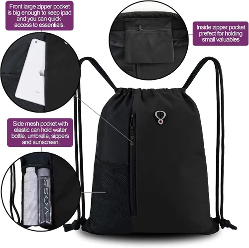 Vista 7 de BeeGreen Mochila con cordón, bolsa de gimnasio deportiva negra, tamaño grande, con cremallera, botella de agua, bolsillos de malla, compartimento