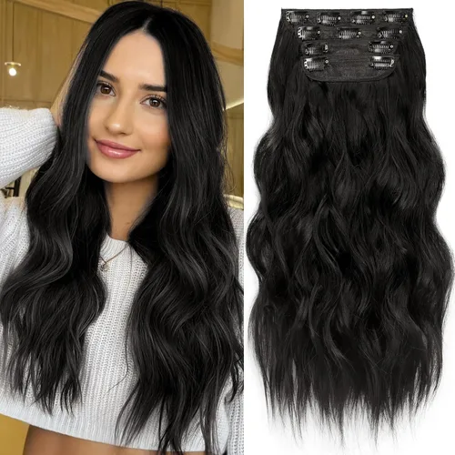 Vista 58 de KooKaStyle Extensiones de cabello sintético con pinzas, largo, ondulado, grueso, balayage, marrón chocolate a rubio caramelo, fibra 10H26
