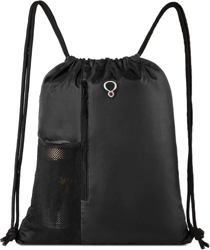 Vista 6 de BeeGreen Mochila con cordón, bolsa de gimnasio deportiva negra, tamaño grande, con cremallera, botella de agua, bolsillos de malla, compartimento