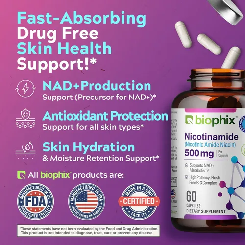 Vista 3 de biophix B-3 Nicotinamida 500 mg 60 cápsulas - Fórmula de Vitamina Natural Flush-Free de Amida Nicotínica Niacina - Apoya la Salud de las Células