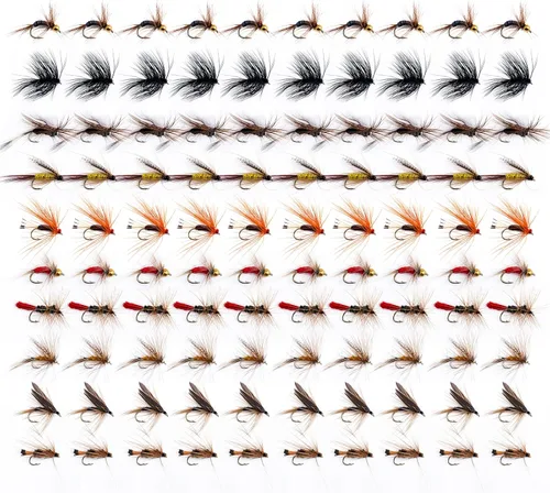 Vista 8 de Goture Kit de moscas de pesca con mosca, 25 piezas/30 piezas/100 piezas señuelos de pesca con mosca, moscas secas, moscas húmedas, streamers