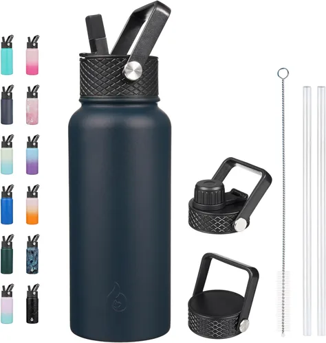 Vista 48 de BJPKPK - Botellas de agua aisladas con tapa de popote, botella de agua de acero inoxidable de 27 onzas con 3 tapas, termo de metal libre de BPA a