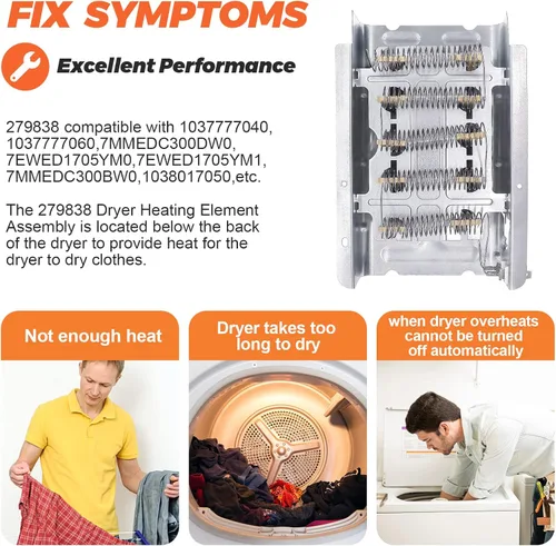 Vista 3 de 【MEJORADO】 279838 NED4655EW1 MEDC215EW1 W10724237 Elemento calefactor para secadora de Beaquicy - Reemplazo de elemento calefactor 4531017