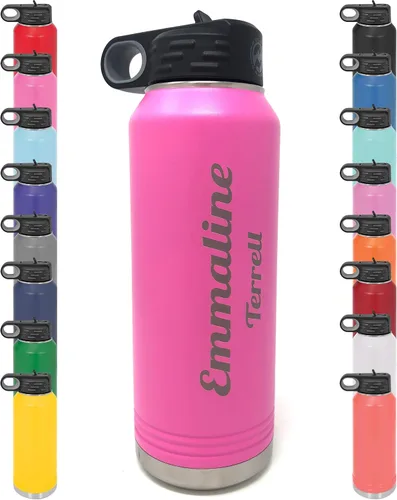 Vista 6 de Botella de agua personalizada con recubrimiento en polvo de 32 onzas, de acero inoxidable con doble pared aislada al vacío, grabado personalizado