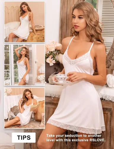 Vista 3 de RSLOVE - Ropa de dormir de lencería y encaje tipo baby doll para mujer, diseño de camisón con cuello en V