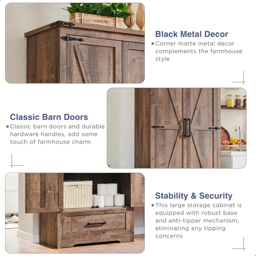 Vista 22 de Armario estilo casa de campo para despensa de cocina, muebles de madera de 72 pulgadas de alto con estantes ajustables, 2 puertas tipo granero