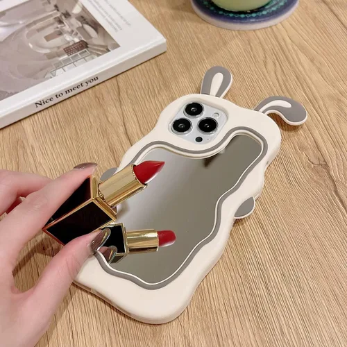 Vista 2 de Yatchen Fundas Kawaii para iPhone 13 Pro Max, bonita funda de teléfono de conejo de dibujos animados con espejo, funda 3D de silicona suave a prueba