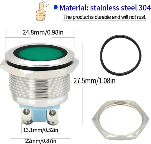 Vista 4 de Luz indicadora 22mm 7/8pulgadas impermeable IP67 de metal de acero inoxidable 304 lámpara de señal 12V-24V LED piloto luz de salpicadero anillo Azul