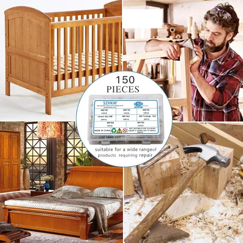 Vista 7 de Kit de repuesto de hardware M6 de 150 piezas, tornillos de cabeza hexagonal, tuercas, pernos de barril, sujetadores de muebles chapados en zinc