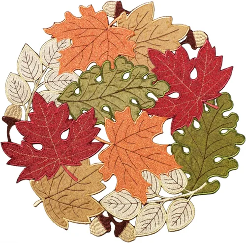 Vista 2 de KEVA Juego de 4 manteles individuales redondos de 15 pulgadas, decoración de mesa de otoño para el hogar, hojas de arce de otoño, manteles