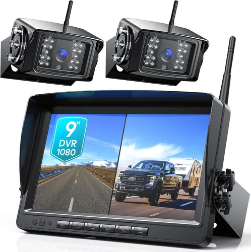 Fookoo Sistema de cámara de respaldo inalámbrico 1080P de 9 pulgadas, monitor HD dual/Quad Split de 9 pulgadas con grabación, cámaras de visión