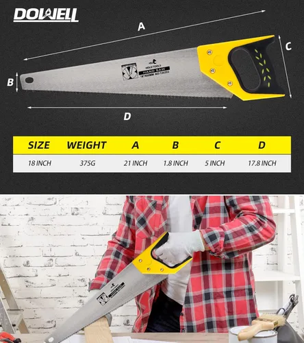 Vista 2 de DOWELL Sierra de mano de 18 pulgadas con mango cómodo, 8 TPI y hecha de acero al manganeso 65, ideal para carpintería, poda y corte, incluye funda